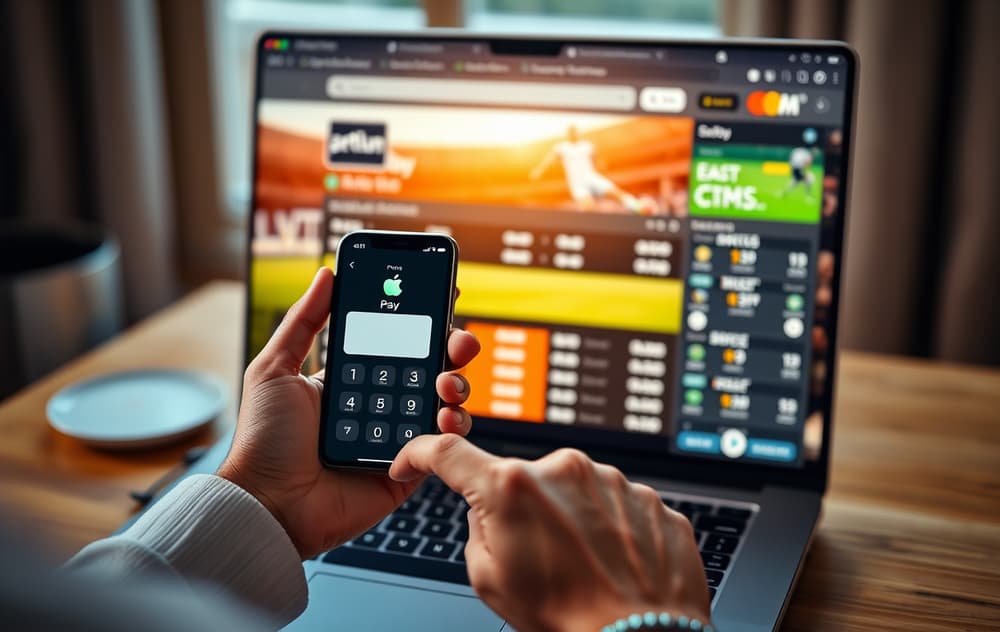 En person bruker Apple Pay på en iPhone foran en laptop med odds på en bookmakerside
