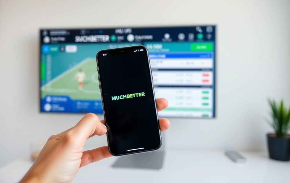 Person som betaler med Muchbetter-appen på mobilen hos en bookmaker