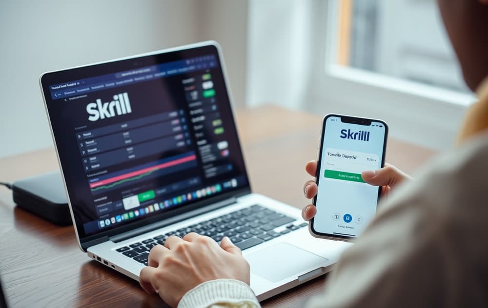Person som setter inn penger på en bettingside med Skrill på laptop og mobil