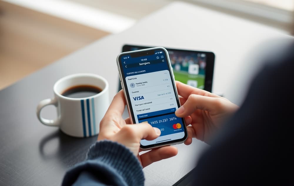 En person betaler på en bettingside med norsk Visa-debetkort via mobilen.