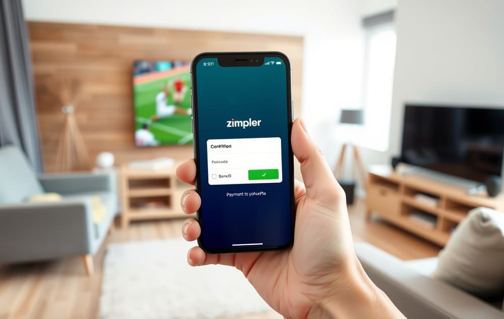 Person som bekrefter Zimpler-betaling på mobil med BankID, med fotballkamp på TV i bakgrunnen.