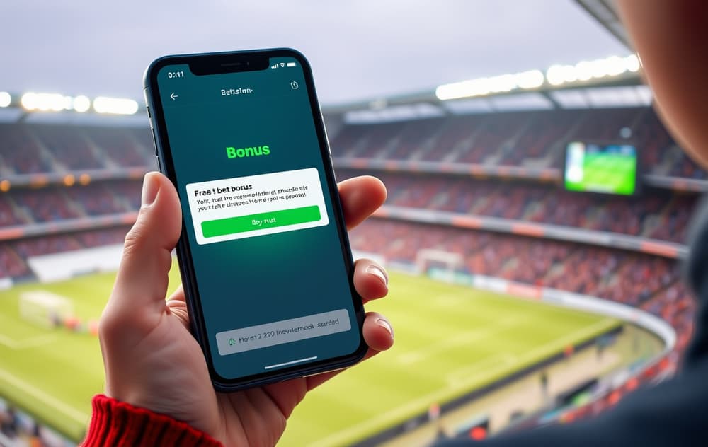Norsk spiller med mobil som viser gratisspill-bonus i betting-app, med fotballstadion i bakgrunnen.