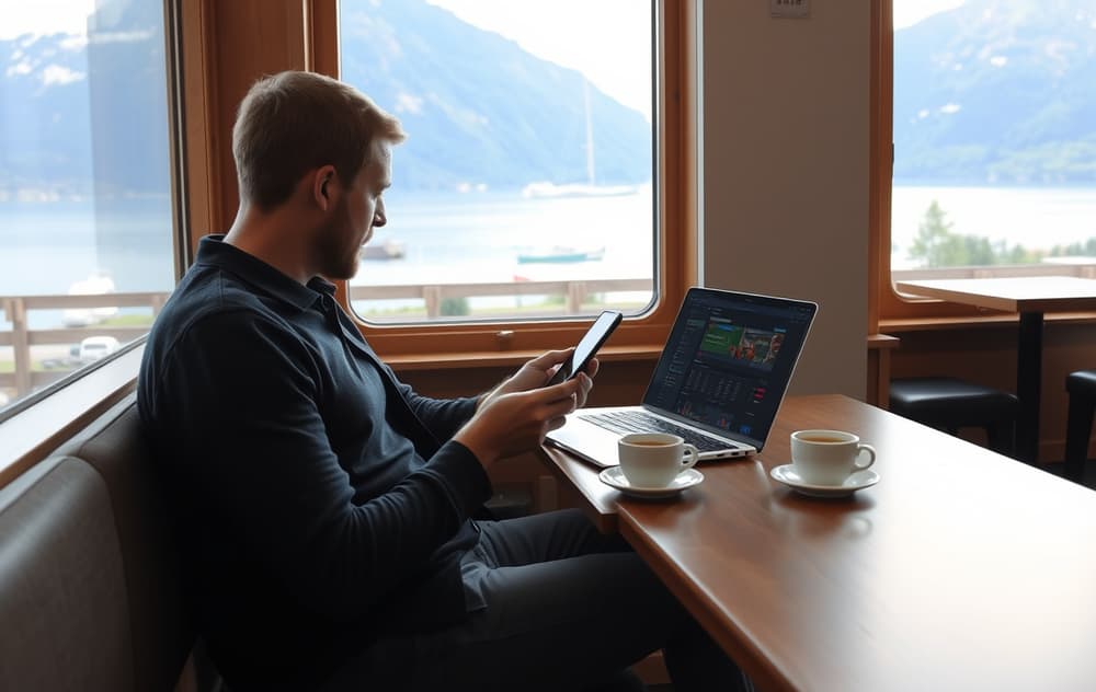 Person på kafé som bruker bookies norge på laptop og mobil