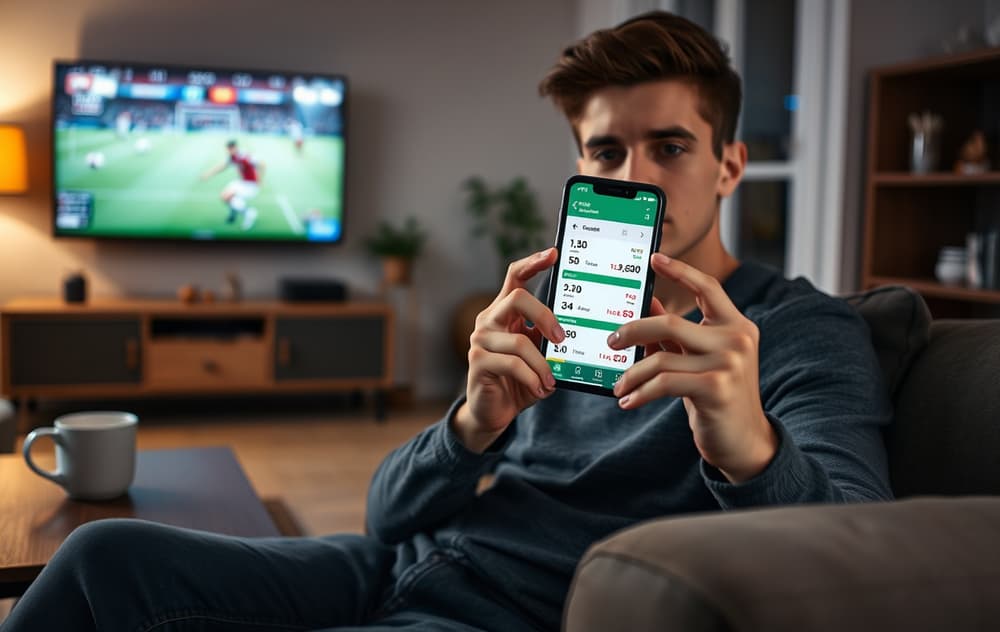 En mann som sjekker odds på mobilen mens en fotballkamp går på TV.