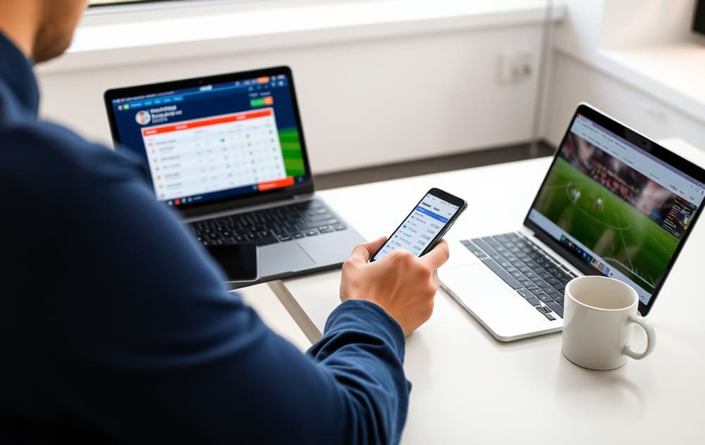 En person som sammenligner odds på mobil og PC for å velge bettingside, med kaffekopp på skrivebordet.