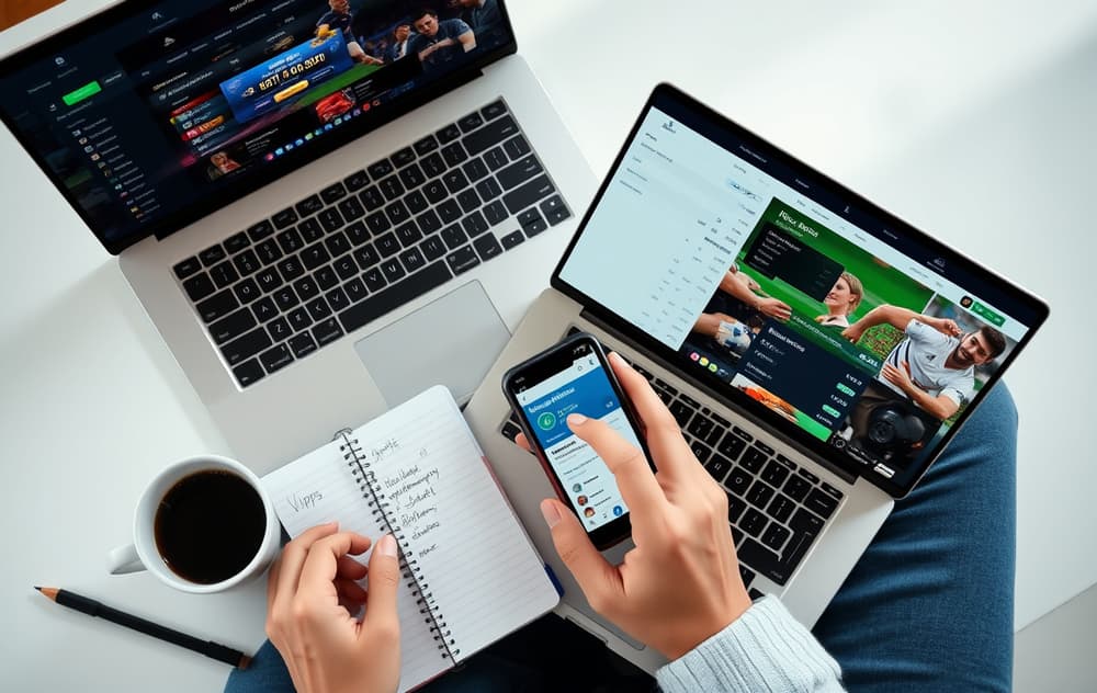 En person sammenligner to bettingsider på bærbar PC med notater og kaffekopp – illustrasjon av guide for bettingselskaper.