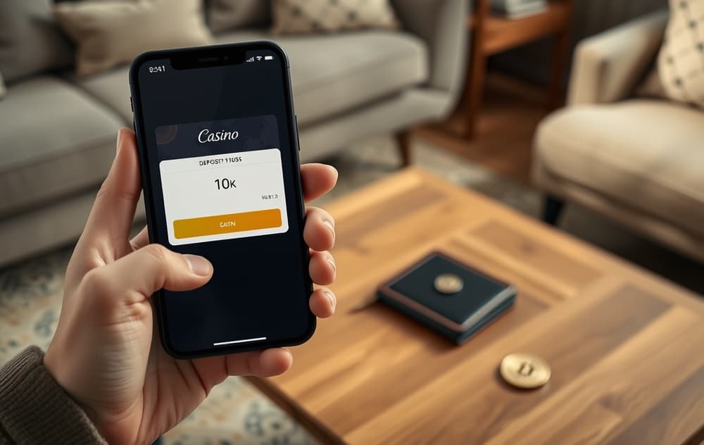 Mobilskjerm som viser innskudd på 10 kroner i et nettcasino, med Bitcoin-mynt og lommebok på bordet.