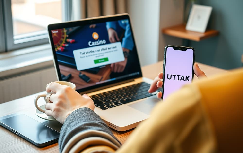 Person som sjekker uttak fra et casino uten omsetningskrav på en bærbar PC.