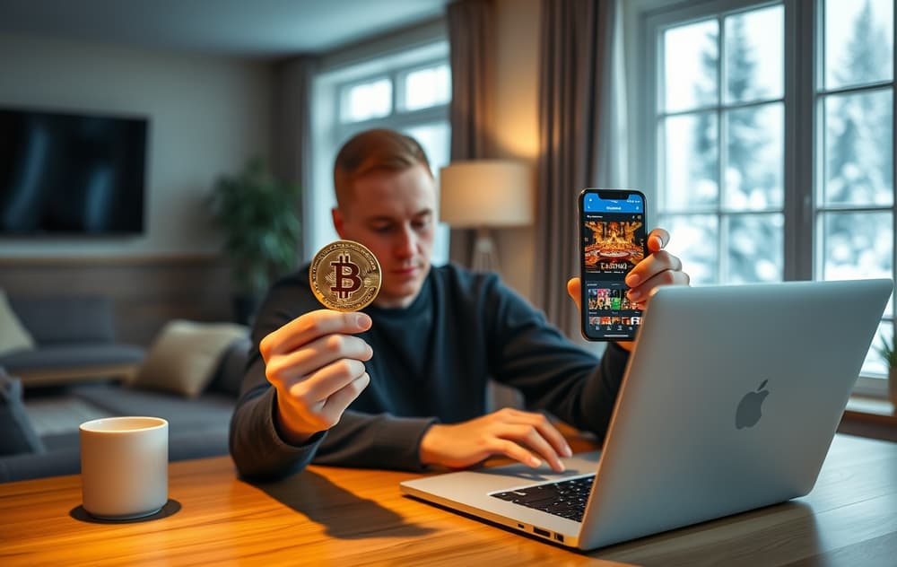 Person med Bitcoin-mynt og mobiltelefon med casinolobby, sittende ved et skrivebord i en norsk stue.