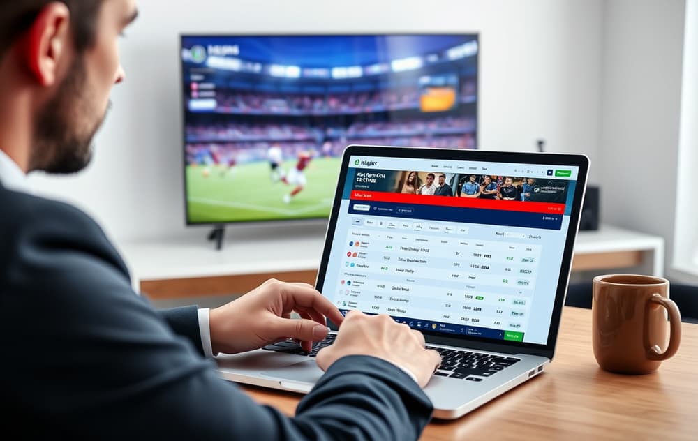 Person som sammenligner bettingsider for fotball odds på laptop med fotballkamp på TV