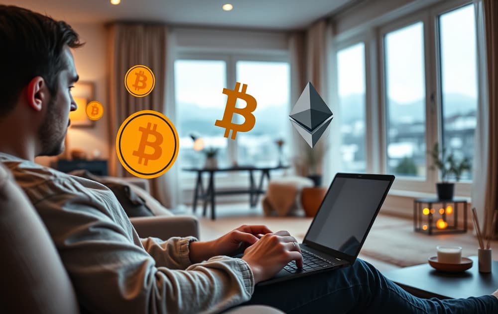 Person som spiller på kryptocasino på bærbar PC med kryptovaluta-symboler i luften