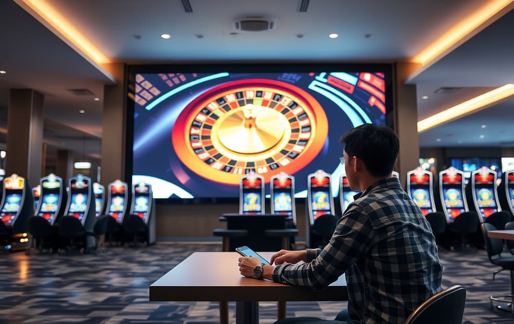 Moderne casinolobby med digital skjerm og en person som spiller på mobilen