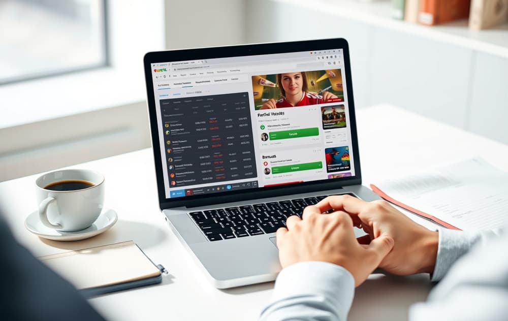 En person sammenligner to bettingsider på en bærbar PC, med kaffekopp og notatbok på pulten.