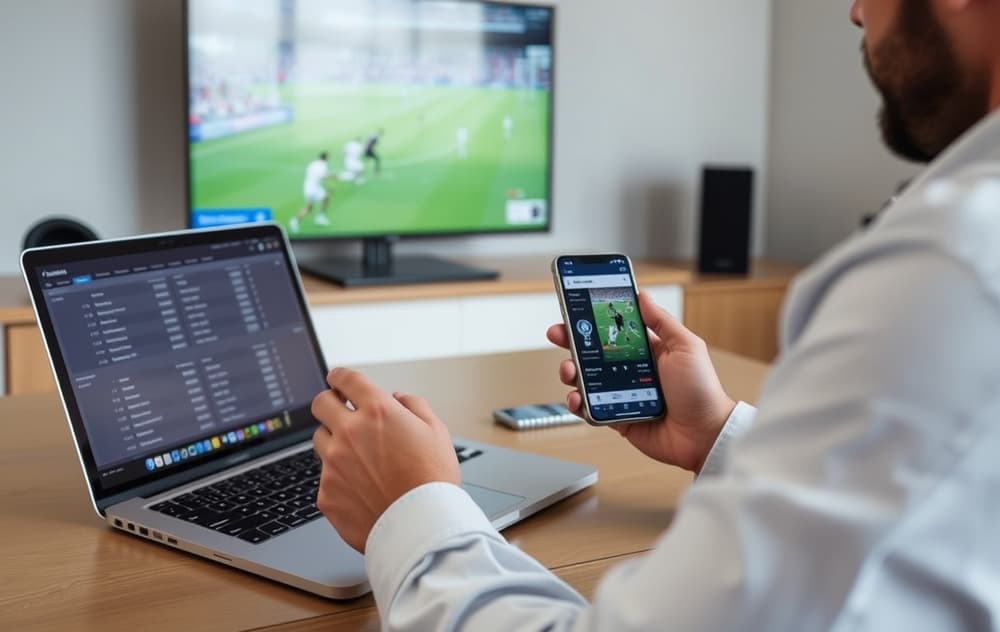 En person som sammenligner odds på en bærbar PC og mobiltelefon, med en fotballkamp på TV i bakgrunnen.