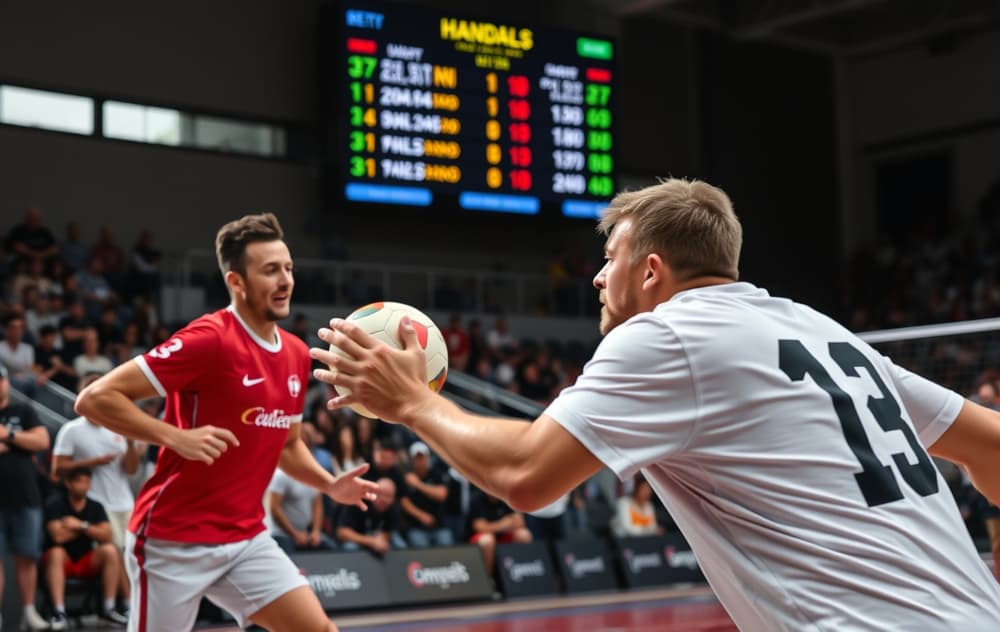 Håndballkamp med spillere og oddstall på skjerm.