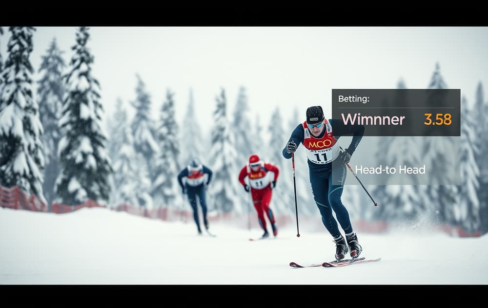 Langrennsløper i aksjon under et verdenscuprenn, med odds-markeder vist i et digitalt overlegg.